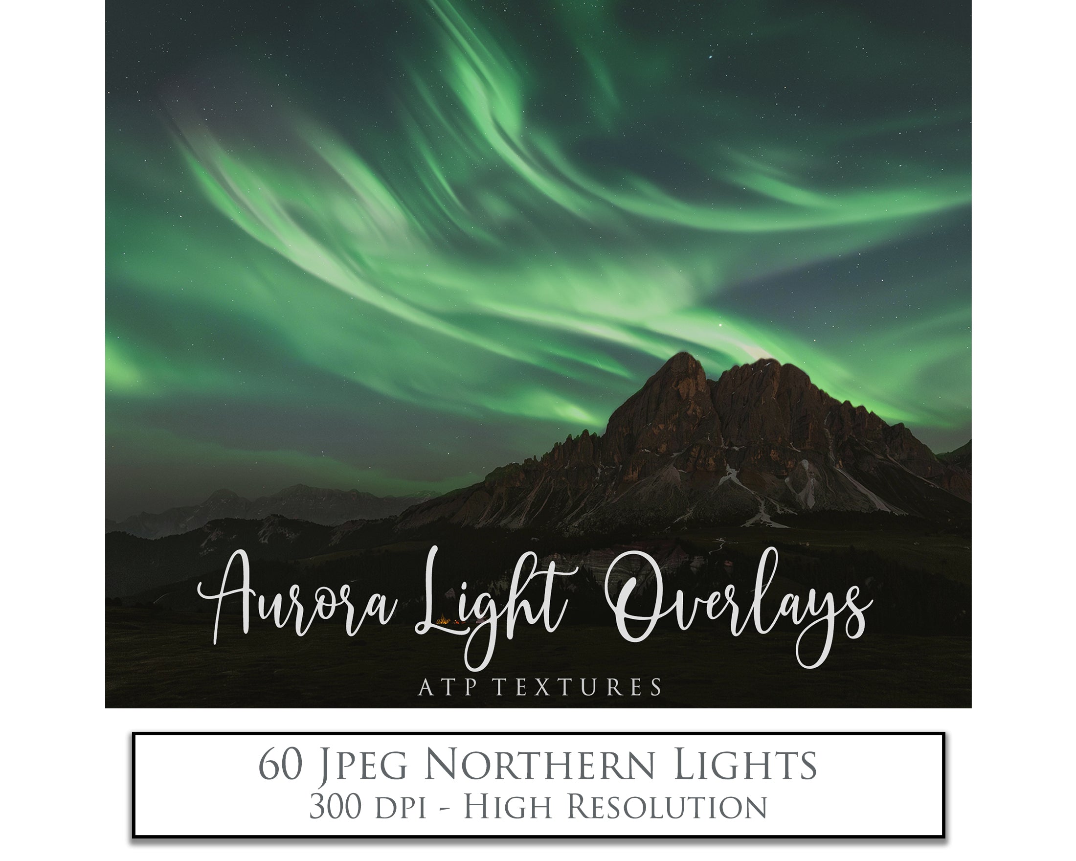 Aurora borialis / Northern Lights digital Overlays for photographers.  Photo Overlay for night photography digital editing. Photoshop screen blending modes are required for this bundle. Find more great graphic effects and assets at ATP Textures