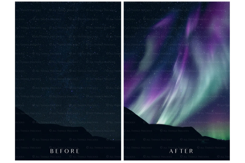 Aurora borialis / Northern Lights digital Overlays for photographers.  Photo Overlay for night photography digital editing. Photoshop screen blending modes are required for this bundle. Find more great graphic effects and assets at ATP Textures