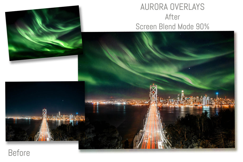 Aurora borialis / Northern Lights digital Overlays for photographers.  Photo Overlay for night photography digital editing. Photoshop screen blending modes are required for this bundle. Find more great graphic effects and assets at ATP Textures