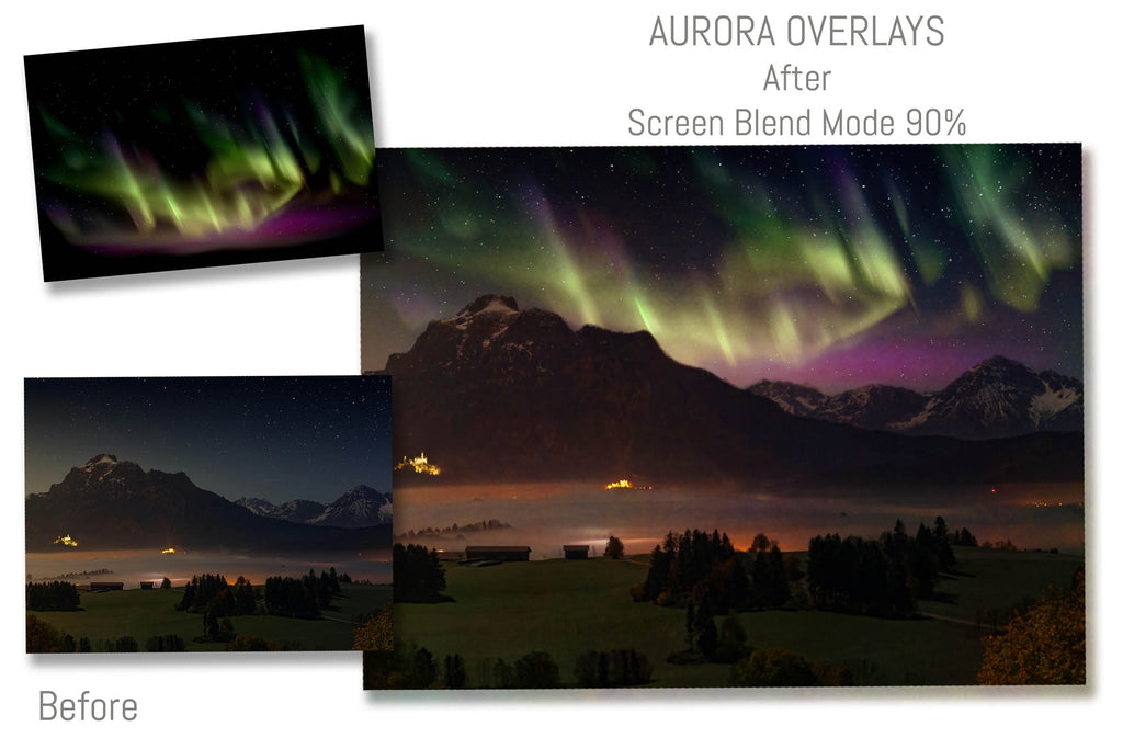 Aurora borialis / Northern Lights digital Overlays for photographers.  Photo Overlay for night photography digital editing. Photoshop screen blending modes are required for this bundle. Find more great graphic effects and assets at ATP Textures