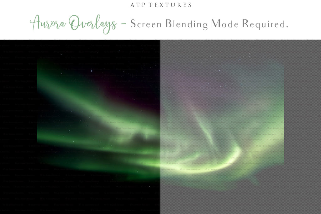 Aurora borialis / Northern Lights digital Overlays for photographers.  Photo Overlay for night photography digital editing. Photoshop screen blending modes are required for this bundle. Find more great graphic effects and assets at ATP Textures