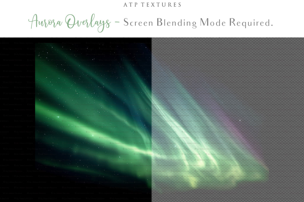 Aurora borialis / Northern Lights digital Overlays for photographers.  Photo Overlay for night photography digital editing. Photoshop screen blending modes are required for this bundle. Find more great graphic effects and assets at ATP Textures