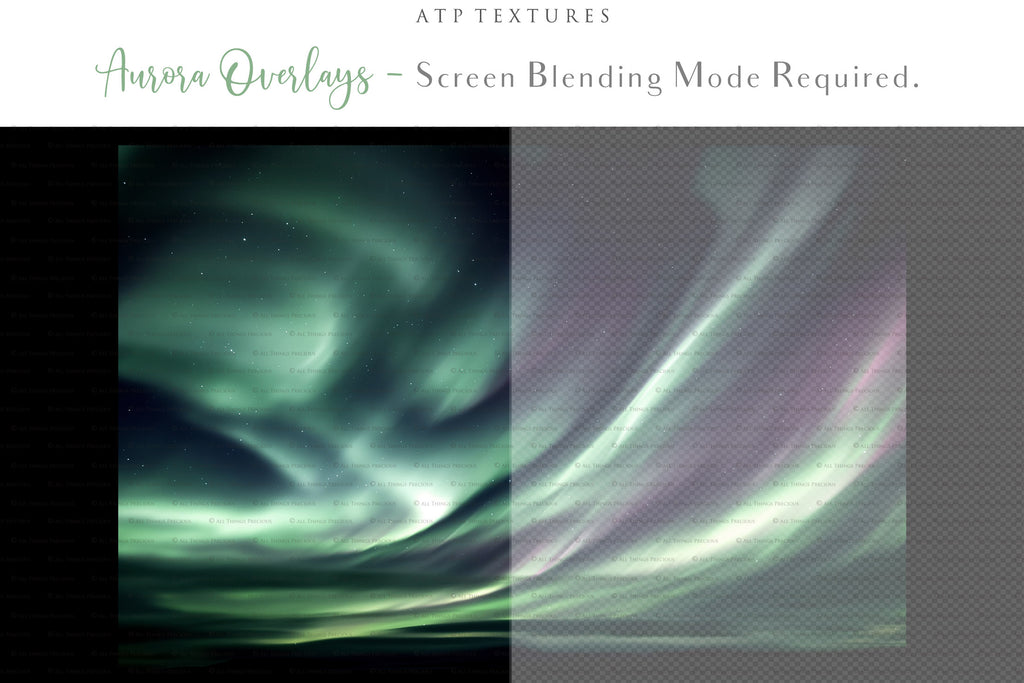 Aurora borialis / Northern Lights digital Overlays for photographers.  Photo Overlay for night photography digital editing. Photoshop screen blending modes are required for this bundle. Find more great graphic effects and assets at ATP Textures