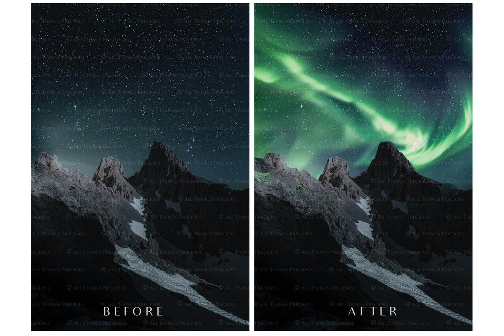 Aurora borialis / Northern Lights digital Overlays for photographers.  Photo Overlay for night photography digital editing. Photoshop screen blending modes are required for this bundle. Find more great graphic effects and assets at ATP Textures