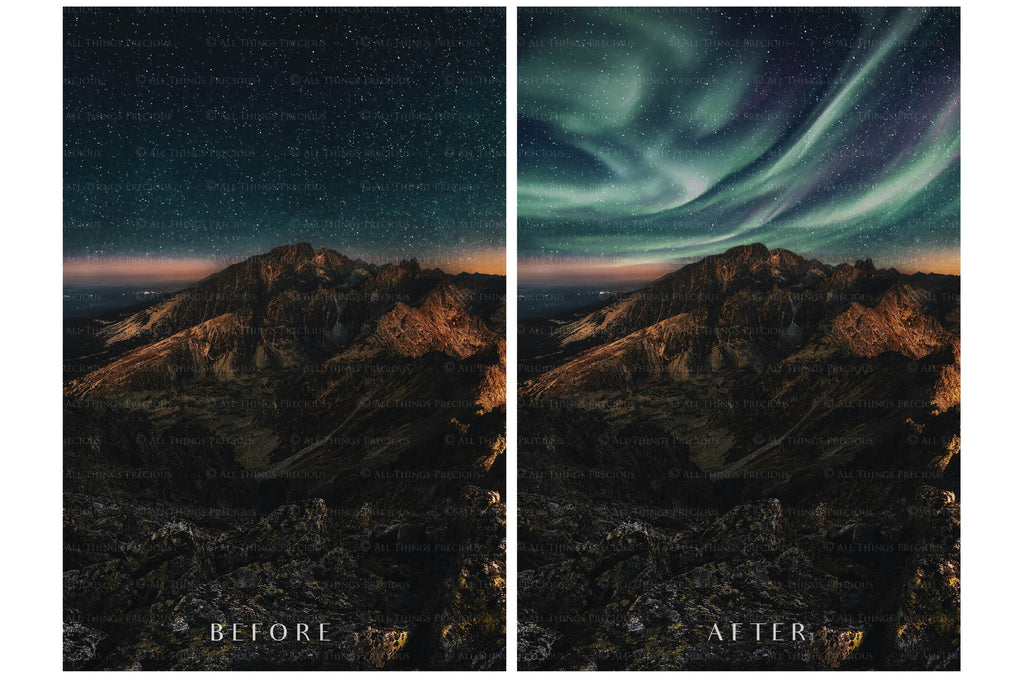 Aurora borialis / Northern Lights digital Overlays for photographers.  Photo Overlay for night photography digital editing. Photoshop screen blending modes are required for this bundle. Find more great graphic effects and assets at ATP Textures