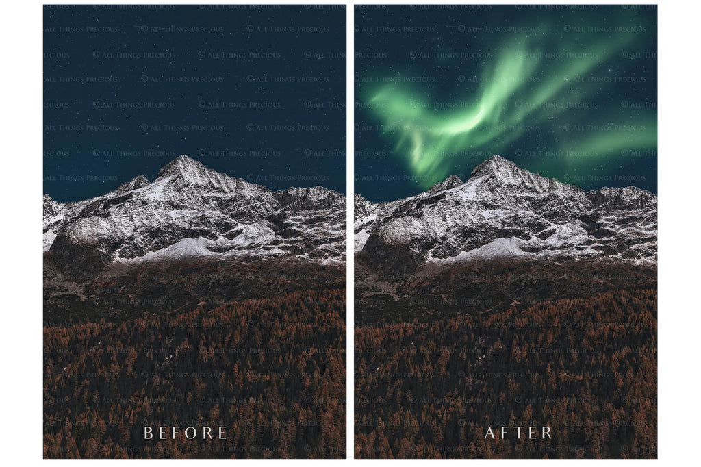 Aurora borialis / Northern Lights digital Overlays for photographers.  Photo Overlay for night photography digital editing. Photoshop screen blending modes are required for this bundle. Find more great graphic effects and assets at ATP Textures