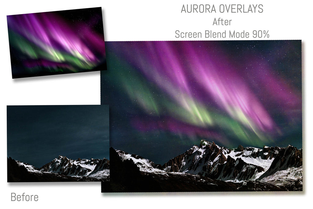 Aurora borialis / Northern Lights digital Overlays for photographers.  Photo Overlay for night photography digital editing. Photoshop screen blending modes are required for this bundle. Find more great graphic effects and assets at ATP Textures