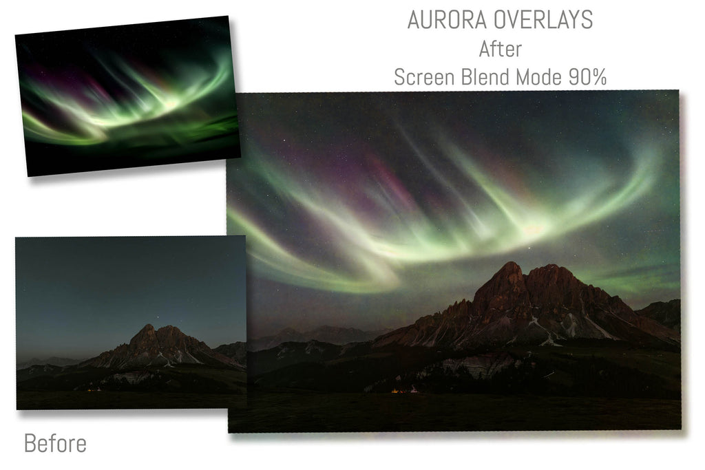 Aurora borialis / Northern Lights digital Overlays for photographers.  Photo Overlay for night photography digital editing. Photoshop screen blending modes are required for this bundle. Find more great graphic effects and assets at ATP Textures