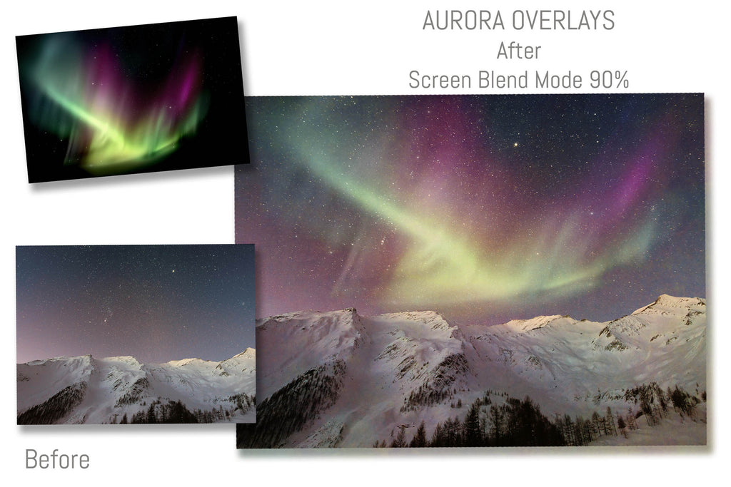 Aurora borialis / Northern Lights digital Overlays for photographers.  Photo Overlay for night photography digital editing. Photoshop screen blending modes are required for this bundle. Find more great graphic effects and assets at ATP Textures