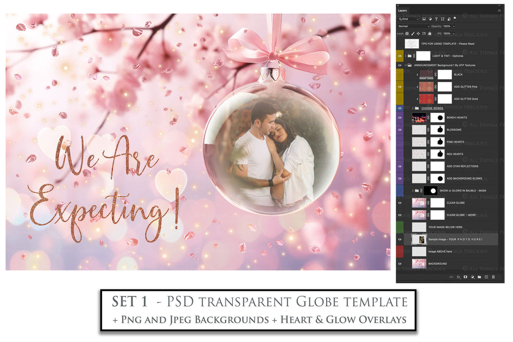 Valentines, Newborn, Wedding Announcement PSD template and Overlays. Digital Background, with Glows and petals. The heart shaped globe is transparent, perfect for you to add your own images and retain the glass globe effect.This file is 6000 x 4000, 300dpi. Photography, Scrapbooking, Png, Jpeg, Psd. ATP Textures.