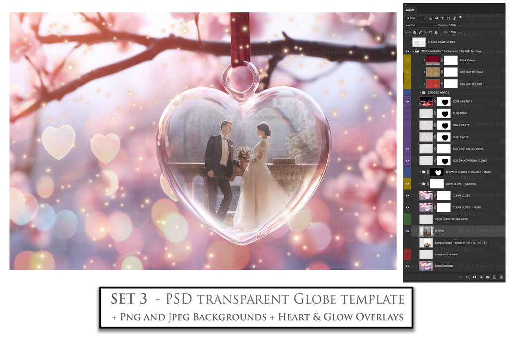 Valentines, Newborn, Wedding Announcement PSD template and Overlays. Digital Background, with Glows and petals. The heart shaped globe is transparent, perfect for you to add your own images and retain the glass globe effect.This file is 6000 x 4000, 300dpi. Photography, Scrapbooking, Png, Jpeg, Psd. ATP Textures.