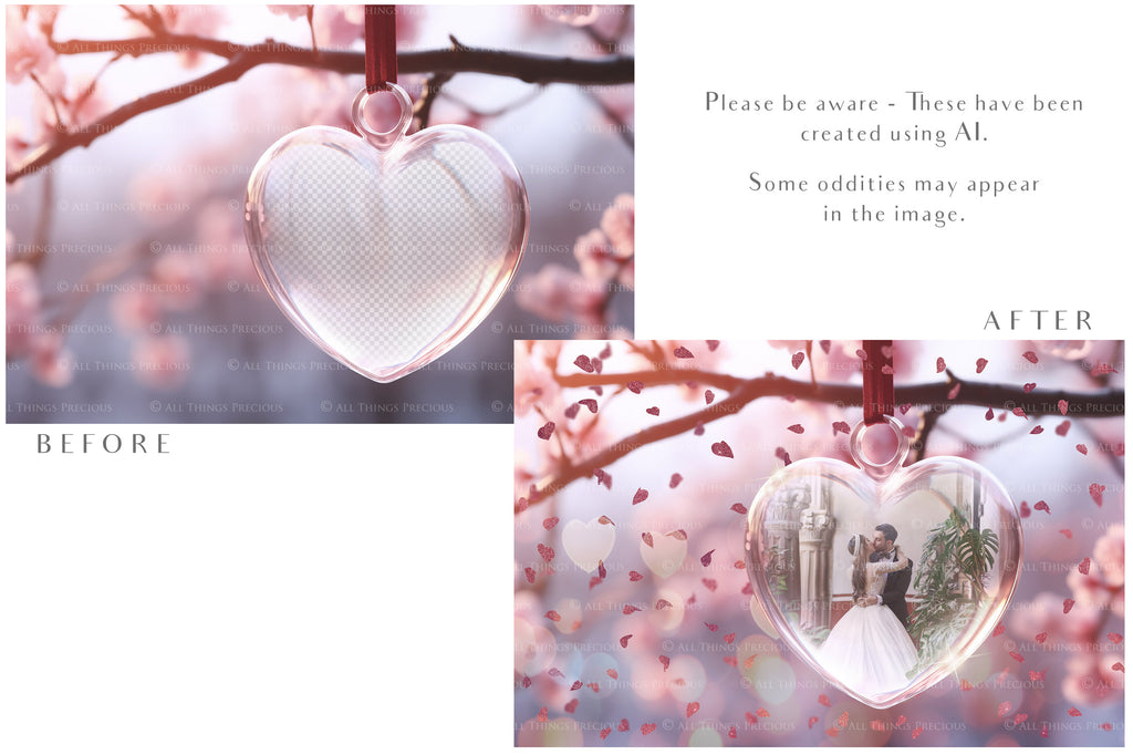 Valentines, Newborn, Wedding Announcement PSD template and Overlays. Digital Background, with Glows and petals. The heart shaped globe is transparent, perfect for you to add your own images and retain the glass globe effect.This file is 6000 x 4000, 300dpi. Photography, Scrapbooking, Png, Jpeg, Psd. ATP Textures.