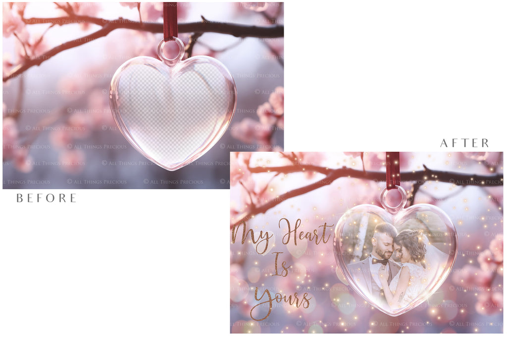 Valentines, Newborn, Wedding Announcement PSD template and Overlays. Digital Background, with Glows and petals. The heart shaped globe is transparent, perfect for you to add your own images and retain the glass globe effect.This file is 6000 x 4000, 300dpi. Photography, Scrapbooking, Png, Jpeg, Psd. ATP Textures.