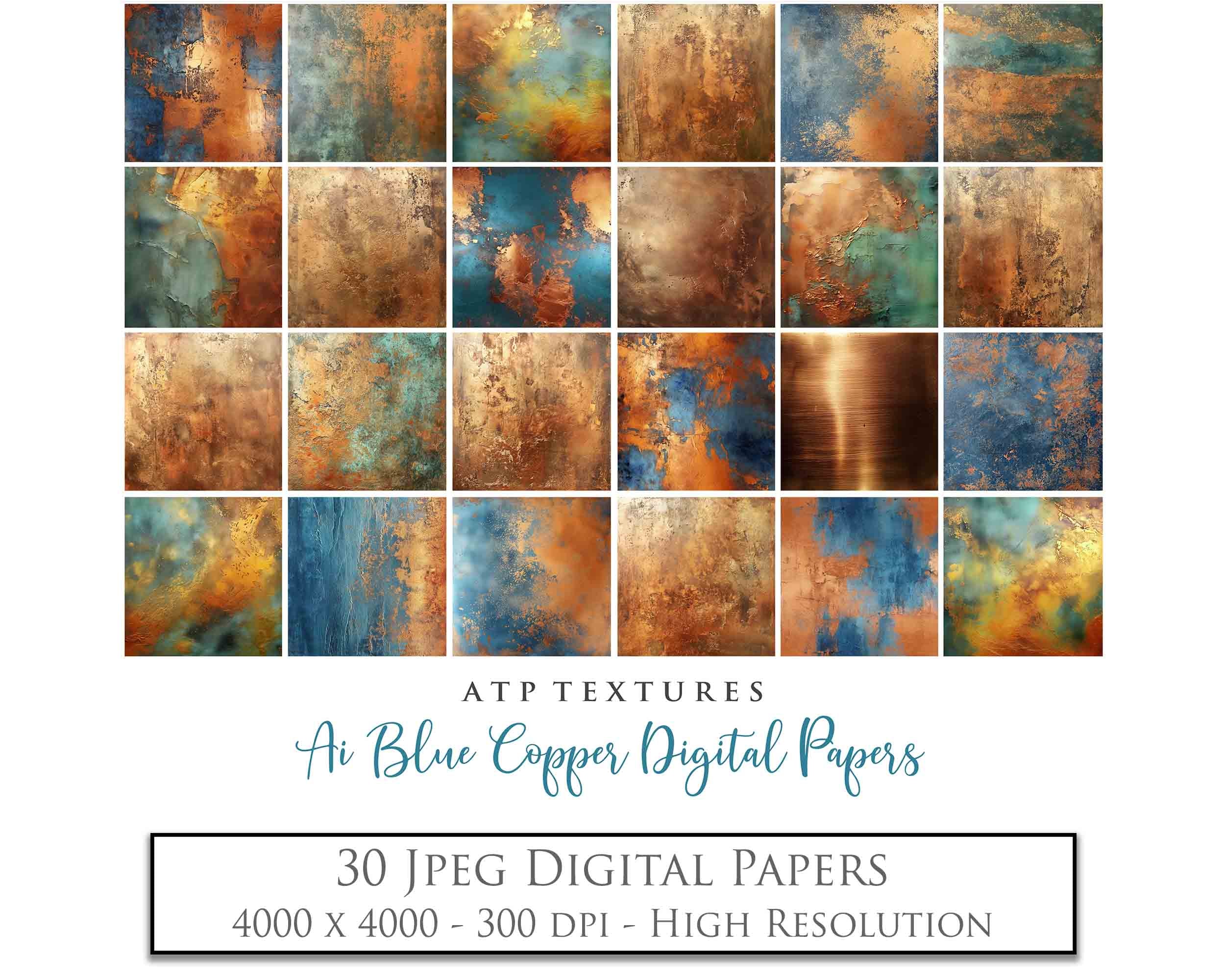Copper Blue Green Textured Digital Scrapbooking Papers. Each Paper is 300dpi and 4000 x 4000.These are in Jpeg format and high resolution. They average between 4MB to 7MB each. Find Actions, Presets, Overlays, Flares and many quality graphic effects for Photography and Photoshop. ATP Textures.
