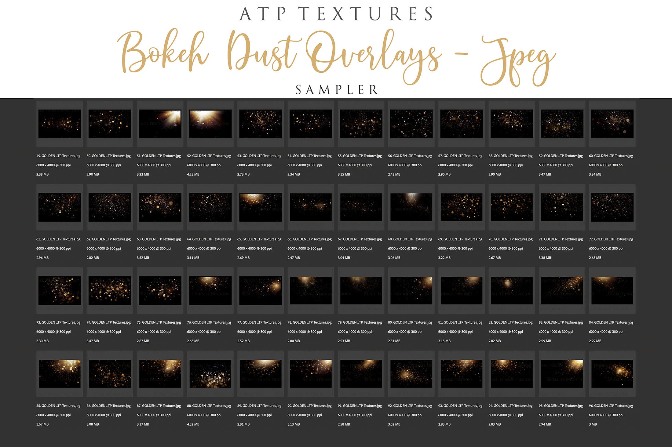 100 Particle and Bokeh Dust Overlays Graphic effects for editing. These are in Jpeg format. Print in a large size without altering the overall quality. High resolution Digital file Download. Dust motes, lighting Add ons. ATP Textures.