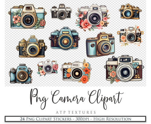 Vintage camera Png clipart. For Scrapbooking, Sublimation Print and Card making. 300dpi. High resolution. If you want to print your completed artwork, you can! These are PNG Transparent files, high resolution and 300dpi. AI Digital Art.