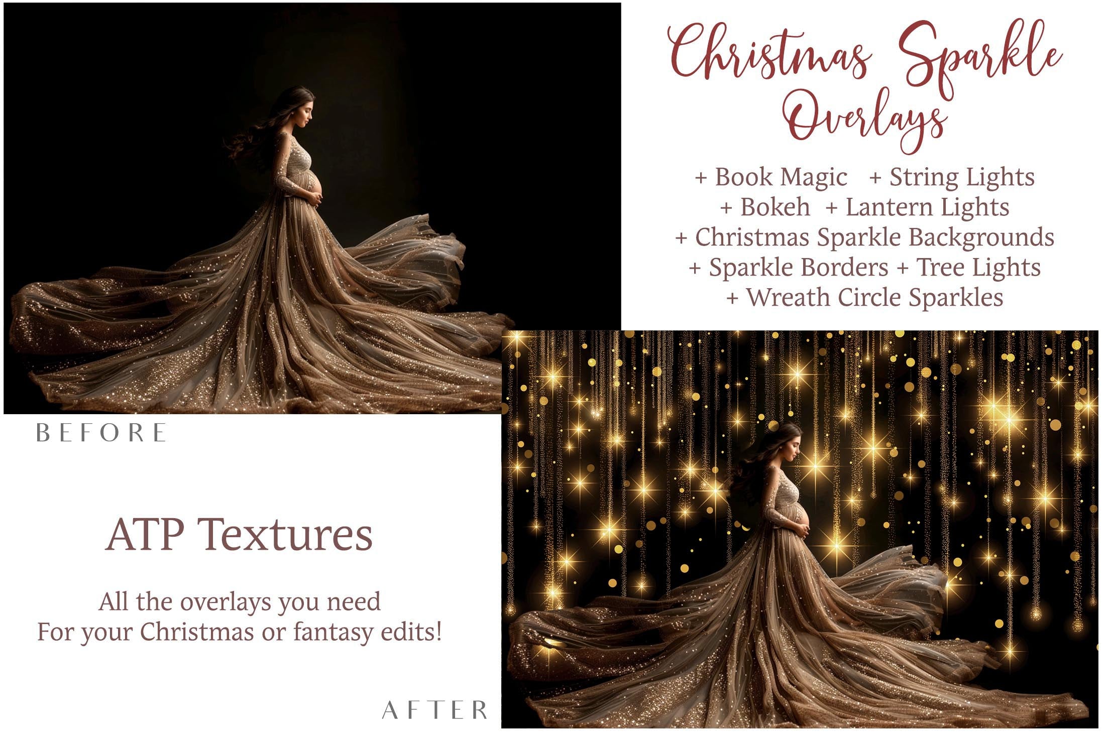 Christmas lights, book magic, fairy bokeh overlays, 300dpi. Photography overlays in High resolution. Perfect for all your Xmas Edits. Find more overlays, textures and Actions in my store. ATP Textures.