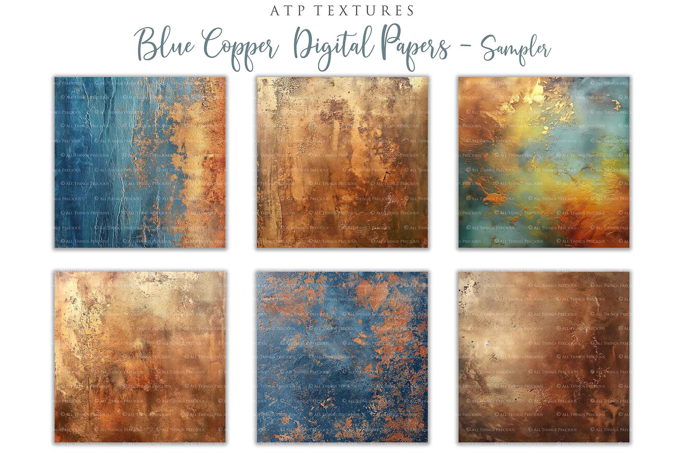 Copper Blue Green Textured Digital Scrapbooking Papers. Each Paper is 300dpi and 4000 x 4000.These are in Jpeg format and high resolution. They average between 4MB to 7MB each. Find Actions, Presets, Overlays, Flares and many quality graphic effects for Photography and Photoshop. ATP Textures.