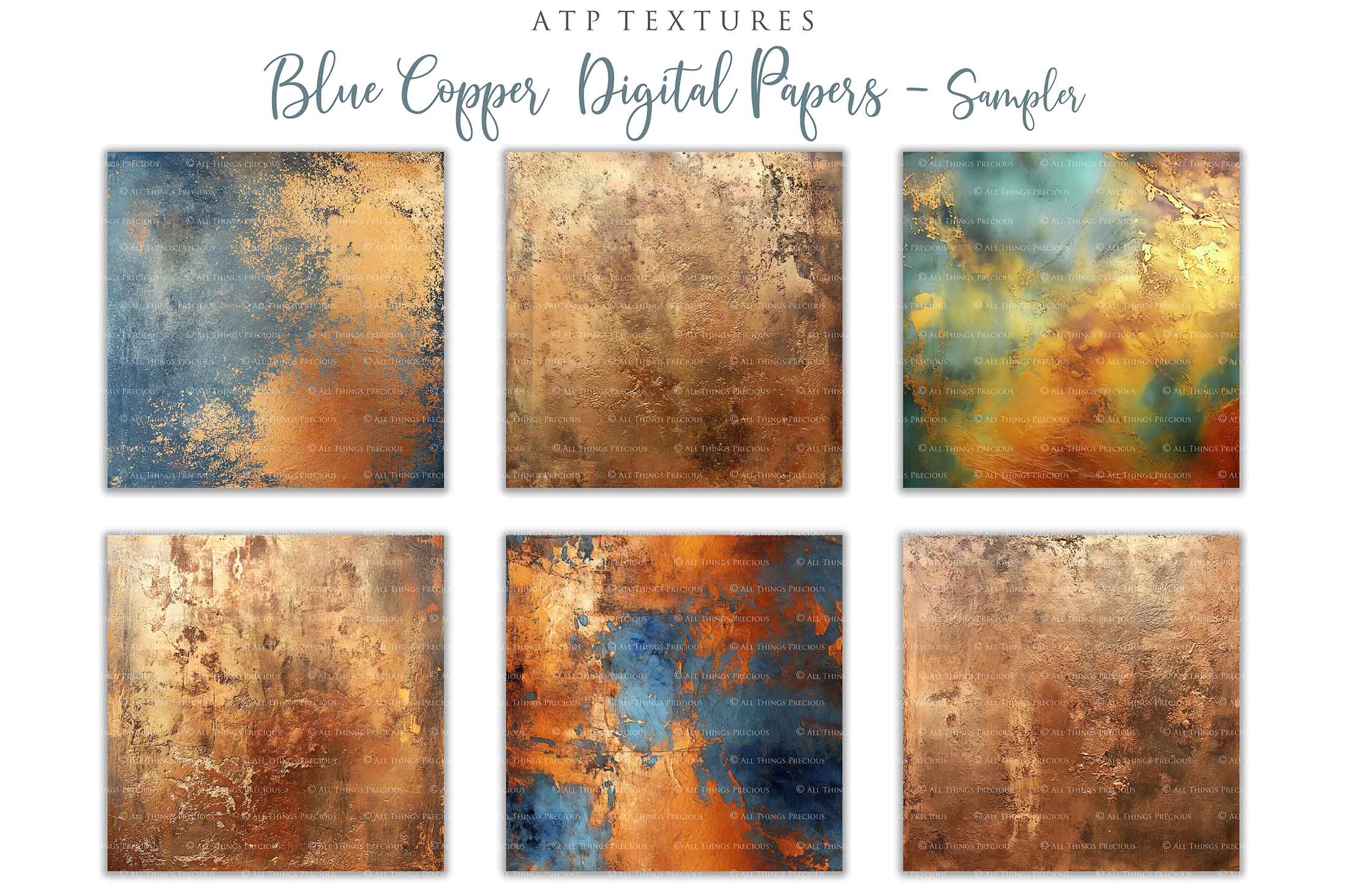 Copper Blue Green Textured Digital Scrapbooking Papers. Each Paper is 300dpi and 4000 x 4000.These are in Jpeg format and high resolution. They average between 4MB to 7MB each. Find Actions, Presets, Overlays, Flares and many quality graphic effects for Photography and Photoshop. ATP Textures.