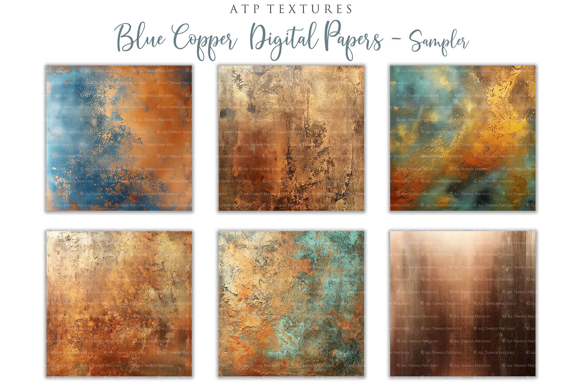 Copper Blue Green Textured Digital Scrapbooking Papers. Each Paper is 300dpi and 4000 x 4000.These are in Jpeg format and high resolution. They average between 4MB to 7MB each. Find Actions, Presets, Overlays, Flares and many quality graphic effects for Photography and Photoshop. ATP Textures.