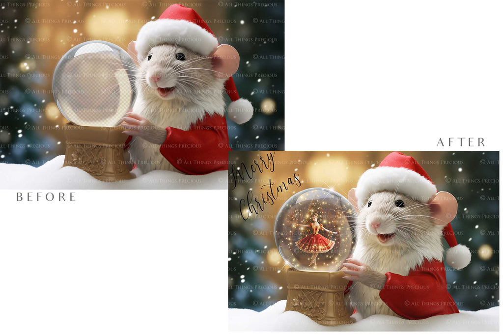 Digital Snow Globe Background. Png snow and glow overlays with PSD Template. The globe is transparent, perfect for adding your own images and retain the glass  effect. Nutcracker Mouse Christmas. The file is 6000 x 4000, 300dpi. Png Included. Use for Xmas edits, Photography, Card Crafts, Scrapbooking. ATP Textures