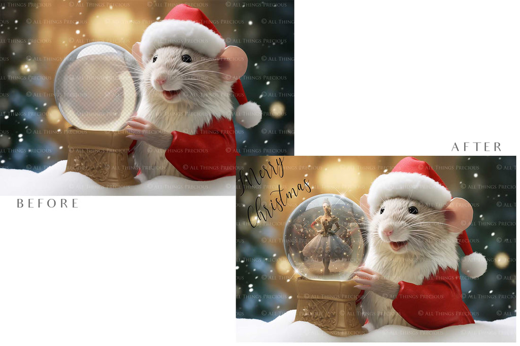 Digital Snow Globe Background. Png snow and glow overlays with PSD Template. The globe is transparent, perfect for adding your own images and retain the glass  effect. Nutcracker Mouse Christmas. The file is 6000 x 4000, 300dpi. Png Included. Use for Xmas edits, Photography, Card Crafts, Scrapbooking. ATP Textures