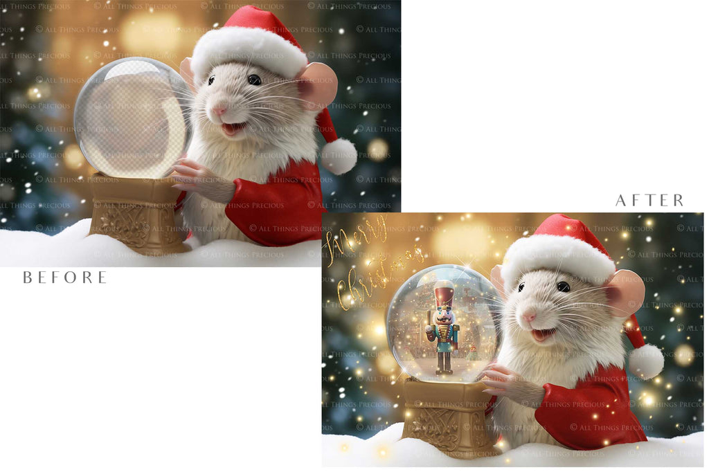 Digital Snow Globe Background. Png snow and glow overlays with PSD Template. The globe is transparent, perfect for adding your own images and retain the glass  effect. Nutcracker Mouse Christmas. The file is 6000 x 4000, 300dpi. Png Included. Use for Xmas edits, Photography, Card Crafts, Scrapbooking. ATP Textures