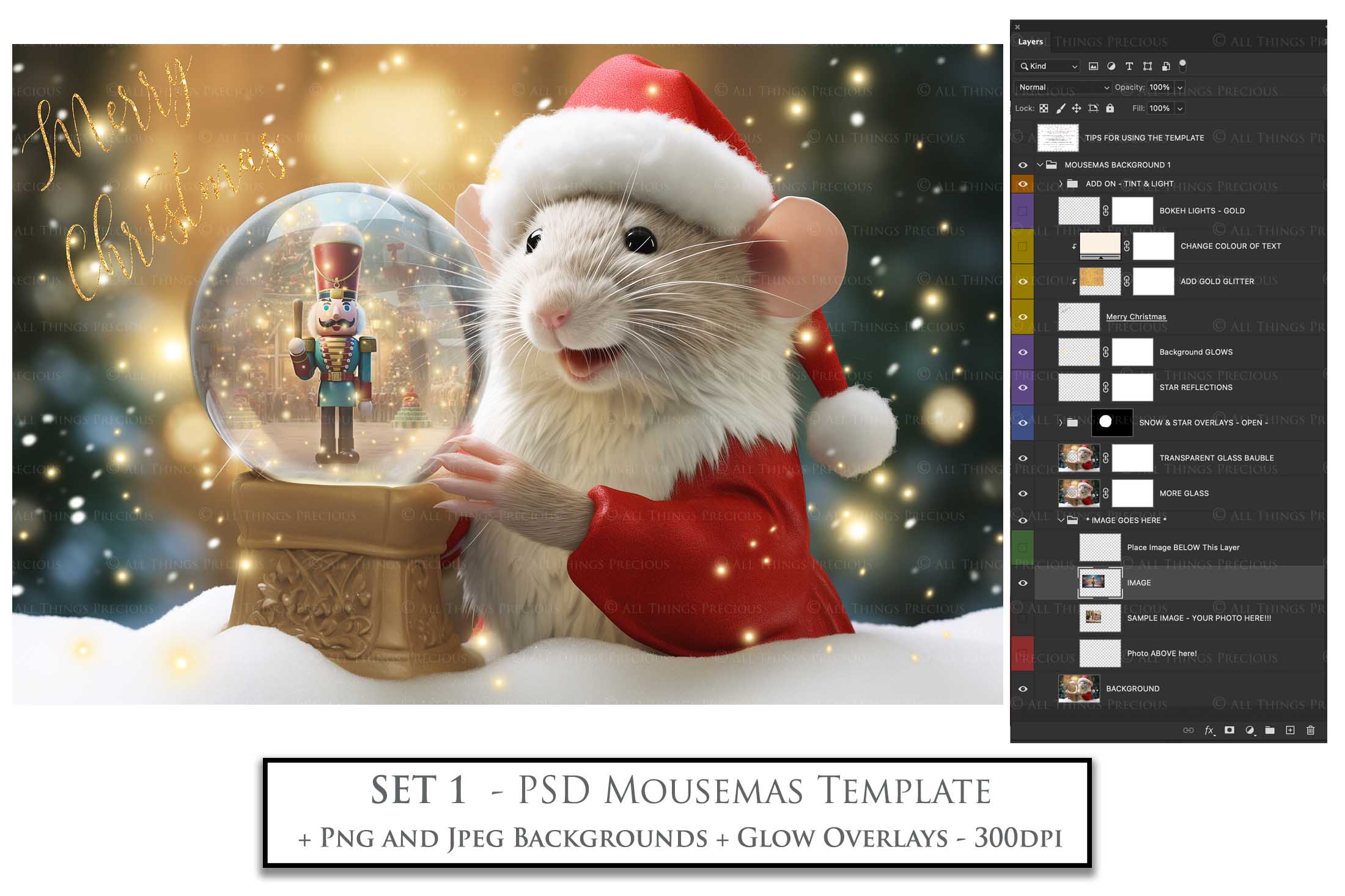 Digital Snow Globe Background. Png snow and glow overlays with PSD Template. The globe is transparent, perfect for adding your own images and retain the glass  effect. Nutcracker Mouse Christmas. The file is 6000 x 4000, 300dpi. Png Included. Use for Xmas edits, Photography, Card Crafts, Scrapbooking. ATP Textures