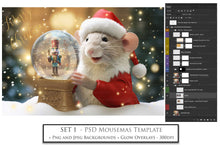 Load image into Gallery viewer, Digital Snow Globe Background. Png snow and glow overlays with PSD Template. The globe is transparent, perfect for adding your own images and retain the glass  effect. Nutcracker Mouse Christmas. The file is 6000 x 4000, 300dpi. Png Included. Use for Xmas edits, Photography, Card Crafts, Scrapbooking. ATP Textures
