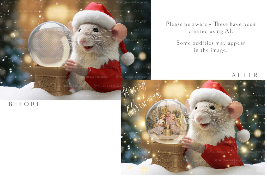 Digital Snow Globe Background. Png snow and glow overlays with PSD Template. The globe is transparent, perfect for adding your own images and retain the glass  effect. Nutcracker Mouse Christmas. The file is 6000 x 4000, 300dpi. Png Included. Use for Xmas edits, Photography, Card Crafts, Scrapbooking. ATP Textures