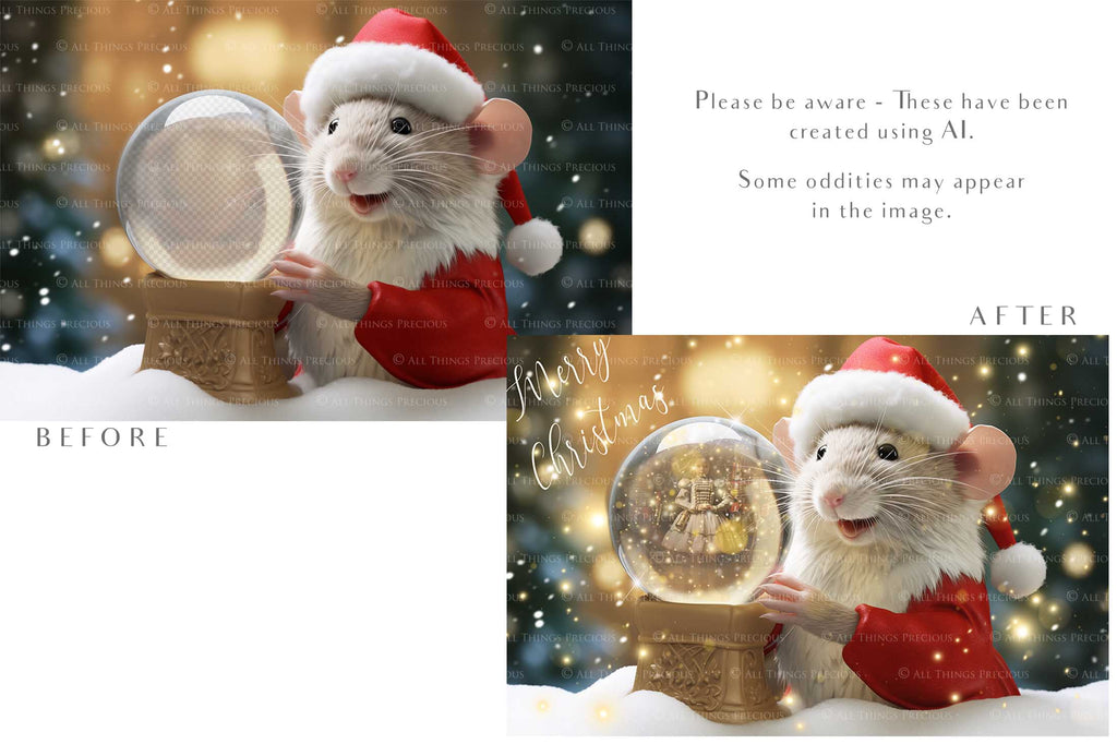 Digital Snow Globe Background. Png snow and glow overlays with PSD Template. The globe is transparent, perfect for adding your own images and retain the glass  effect. Nutcracker Mouse Christmas. The file is 6000 x 4000, 300dpi. Png Included. Use for Xmas edits, Photography, Card Crafts, Scrapbooking. ATP Textures