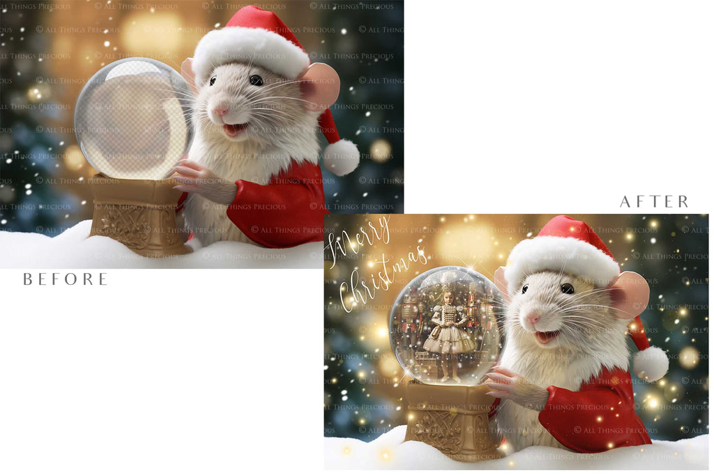 Digital Snow Globe Background. Png snow and glow overlays with PSD Template. The globe is transparent, perfect for adding your own images and retain the glass  effect. Nutcracker Mouse Christmas. The file is 6000 x 4000, 300dpi. Png Included. Use for Xmas edits, Photography, Card Crafts, Scrapbooking. ATP Textures