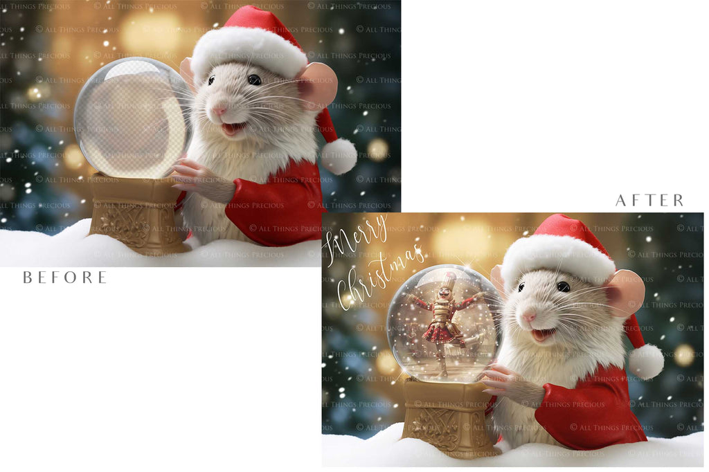 Digital Snow Globe Background. Png snow and glow overlays with PSD Template. The globe is transparent, perfect for adding your own images and retain the glass  effect. Nutcracker Mouse Christmas. The file is 6000 x 4000, 300dpi. Png Included. Use for Xmas edits, Photography, Card Crafts, Scrapbooking. ATP Textures