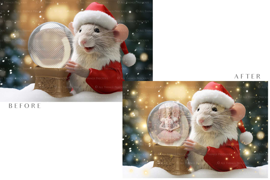 Digital Snow Globe Background. Png snow and glow overlays with PSD Template. The globe is transparent, perfect for adding your own images and retain the glass  effect. Nutcracker Mouse Christmas. The file is 6000 x 4000, 300dpi. Png Included. Use for Xmas edits, Photography, Card Crafts, Scrapbooking. ATP Textures