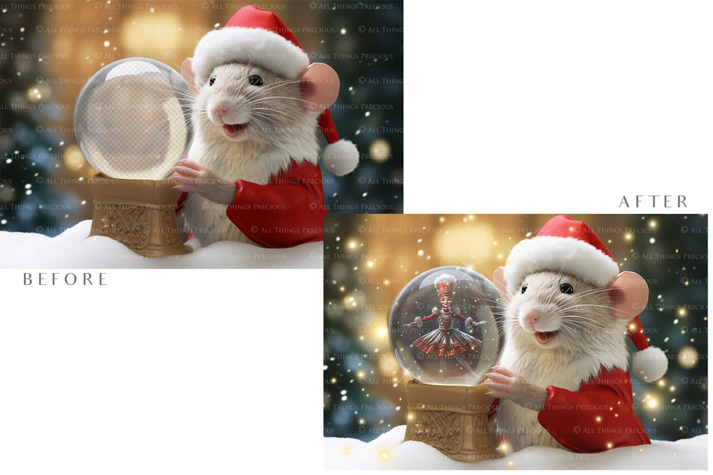 Digital Snow Globe Background. Png snow and glow overlays with PSD Template. The globe is transparent, perfect for adding your own images and retain the glass  effect. Nutcracker Mouse Christmas. The file is 6000 x 4000, 300dpi. Png Included. Use for Xmas edits, Photography, Card Crafts, Scrapbooking. ATP Textures