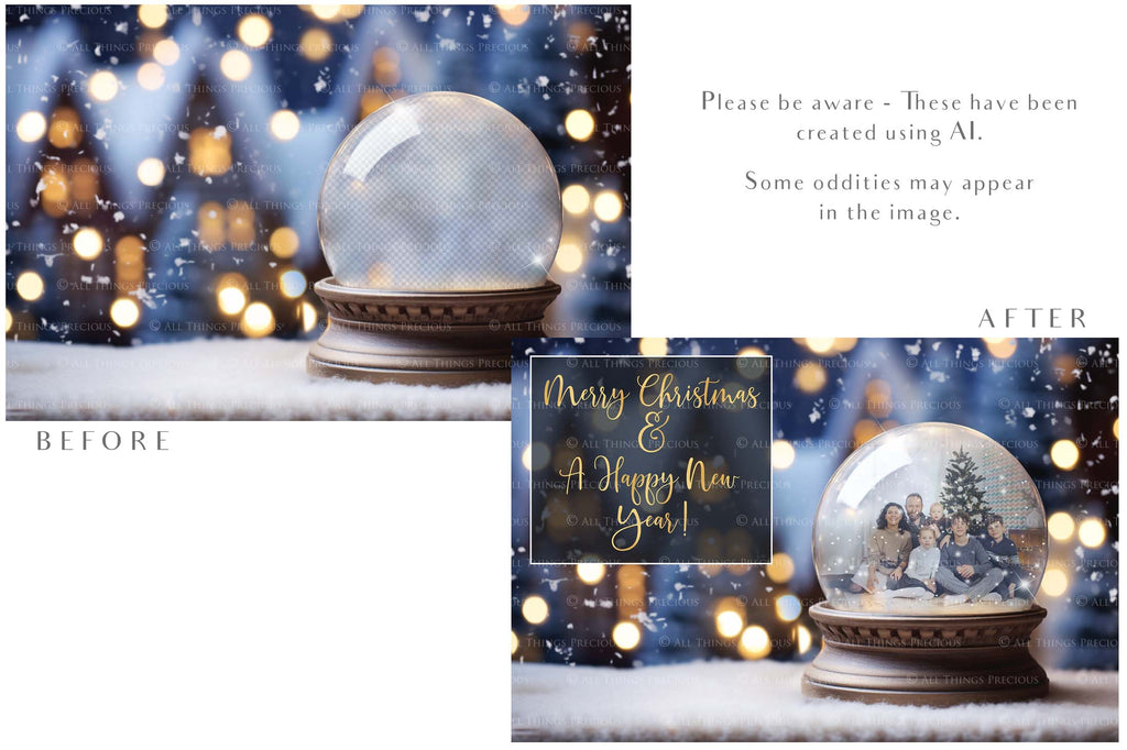 Digital Snow Globe Background. Png snow and glow overlays with PSD Template. The globe is transparent, perfect for adding your own images and retain the glass effect. Nutcracker Mouse Christmas. The file is 6000 x 4000, 300dpi. Png Included. Use for Xmas edits, Photography, Card Crafts, Scrapbooking. ATP Textures