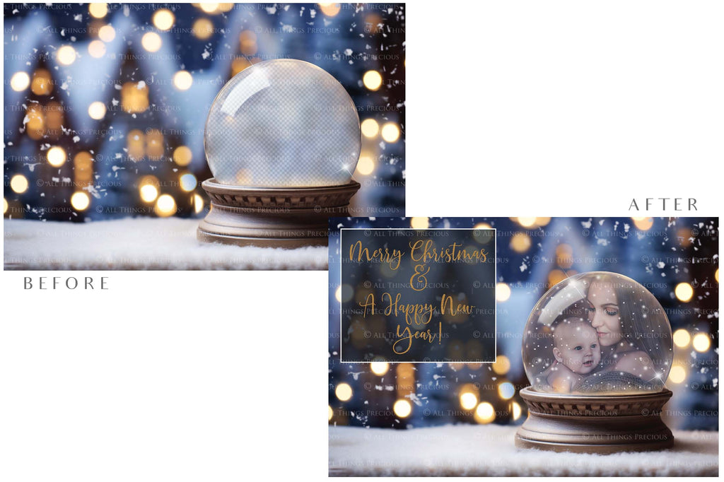 Digital Snow Globe Background. Png snow and glow overlays with PSD Template. The globe is transparent, perfect for adding your own images and retain the glass effect. Nutcracker Mouse Christmas. The file is 6000 x 4000, 300dpi. Png Included. Use for Xmas edits, Photography, Card Crafts, Scrapbooking. ATP Textures