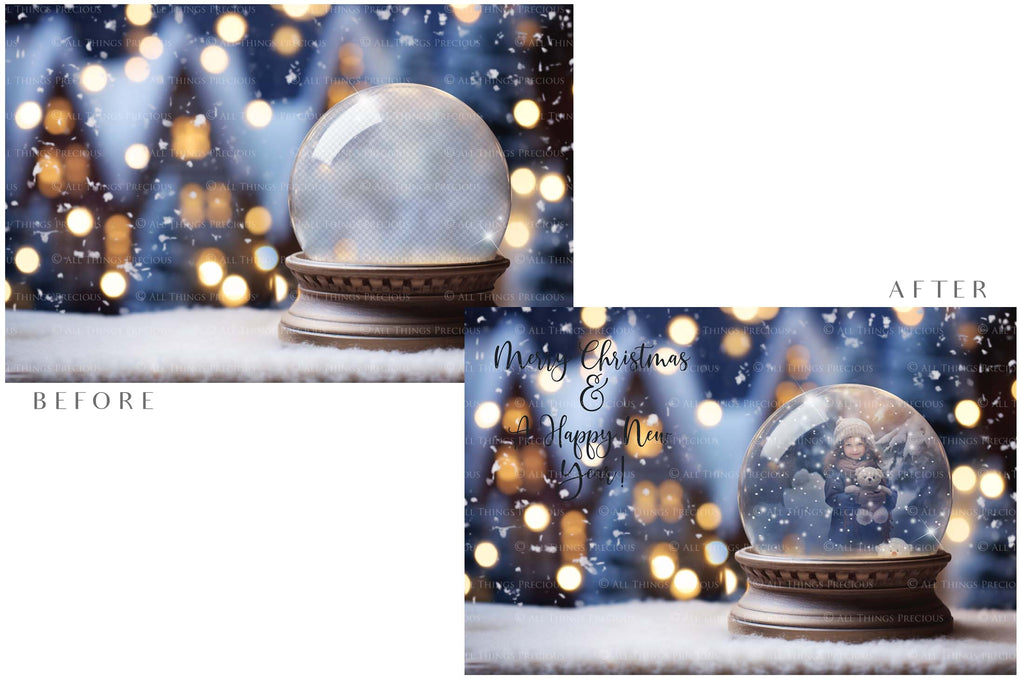 Digital Snow Globe Background. Png snow and glow overlays with PSD Template. The globe is transparent, perfect for adding your own images and retain the glass effect. Nutcracker Mouse Christmas. The file is 6000 x 4000, 300dpi. Png Included. Use for Xmas edits, Photography, Card Crafts, Scrapbooking. ATP Textures