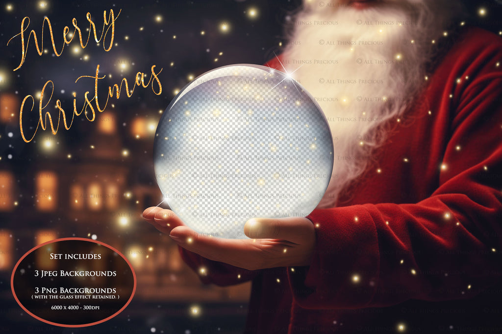 Digital Snow Globe Background, with Png snow overlays & PSD Template. The globe is transparent, perfect for adding your own images and retain the glass effect.The file is 6000 x 4000, 300dpi. Png Included. Use for Christmas edits, Photography, Card Crafts, Scrapbooking. Xmas Backdrops. Santa holding a glass ball.