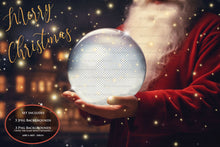 Load image into Gallery viewer, Digital Snow Globe Background, with Png snow overlays &amp; PSD Template. The globe is transparent, perfect for adding your own images and retain the glass effect.The file is 6000 x 4000, 300dpi. Png Included. Use for Christmas edits, Photography, Card Crafts, Scrapbooking. Xmas Backdrops. Santa holding a glass ball.
