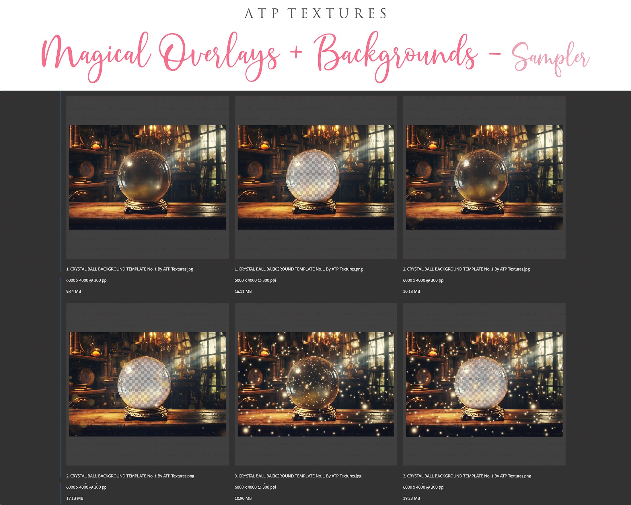 Digital Halloween Magic Background, with Magical overlays and a PSD Template included in the set. The ball has a glass effect and is transparent, perfect for you to add your own images and retain the effect. Use for Digital Cards, Printed Art, Scrapbooking or for photography. Find more at www.atptextures.com