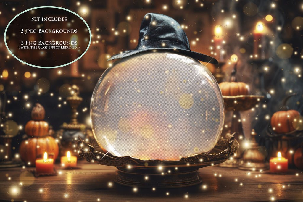 Magical Halloween Template Background. Snow globe with overlays. Add a photo to the digital background. Glass Effect Ornament bauble. Jpeg and Png copies. With magic overlays included. High resolution, quality files for photography, scrapbooking.