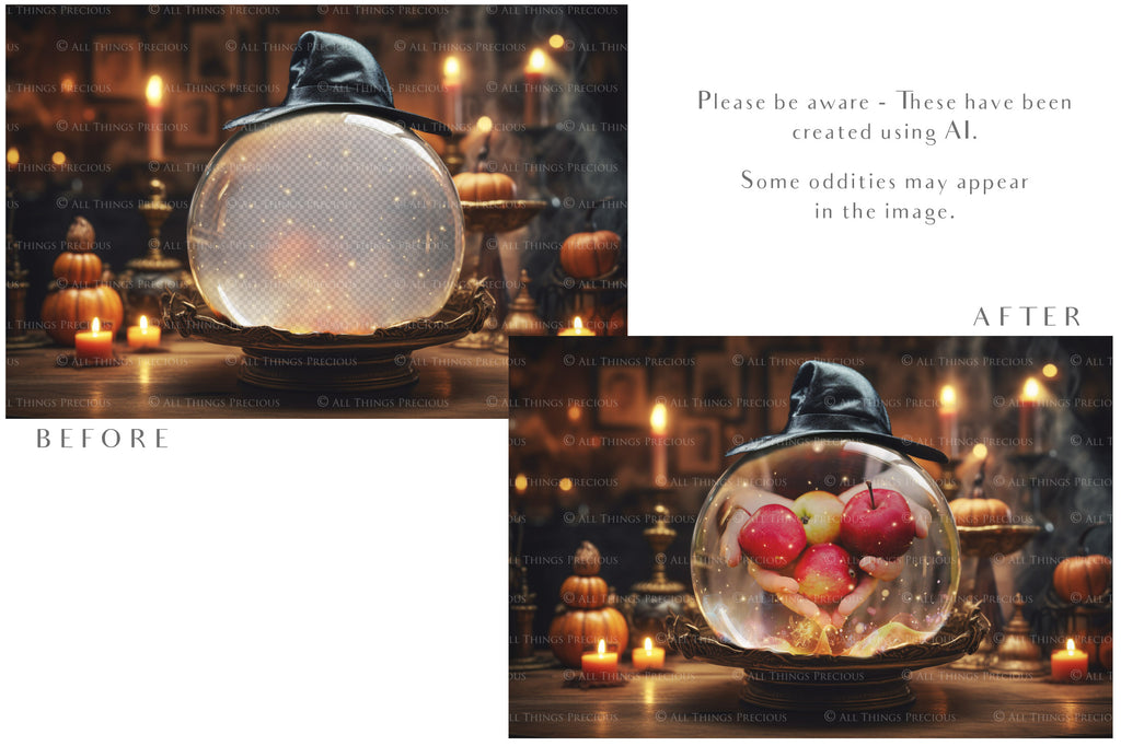 Magical Halloween Template Background. Snow globe with overlays. Add a photo to the digital background. Glass Effect Ornament bauble. Jpeg and Png copies. With magic overlays included. High resolution, quality files for photography, scrapbooking.