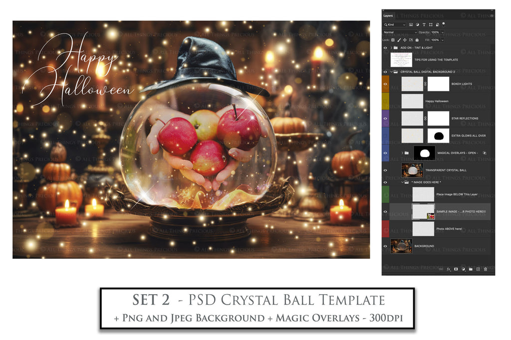 Magical Halloween Template Background. Snow globe with overlays. Add a photo to the digital background. Glass Effect Ornament bauble. Jpeg and Png copies. With magic overlays included. High resolution, quality files for photography, scrapbooking.