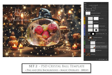 Load image into Gallery viewer, Magical Halloween Template Background. Snow globe with overlays. Add a photo to the digital background. Glass Effect Ornament bauble. Jpeg and Png copies. With magic overlays included. High resolution, quality files for photography, scrapbooking.
