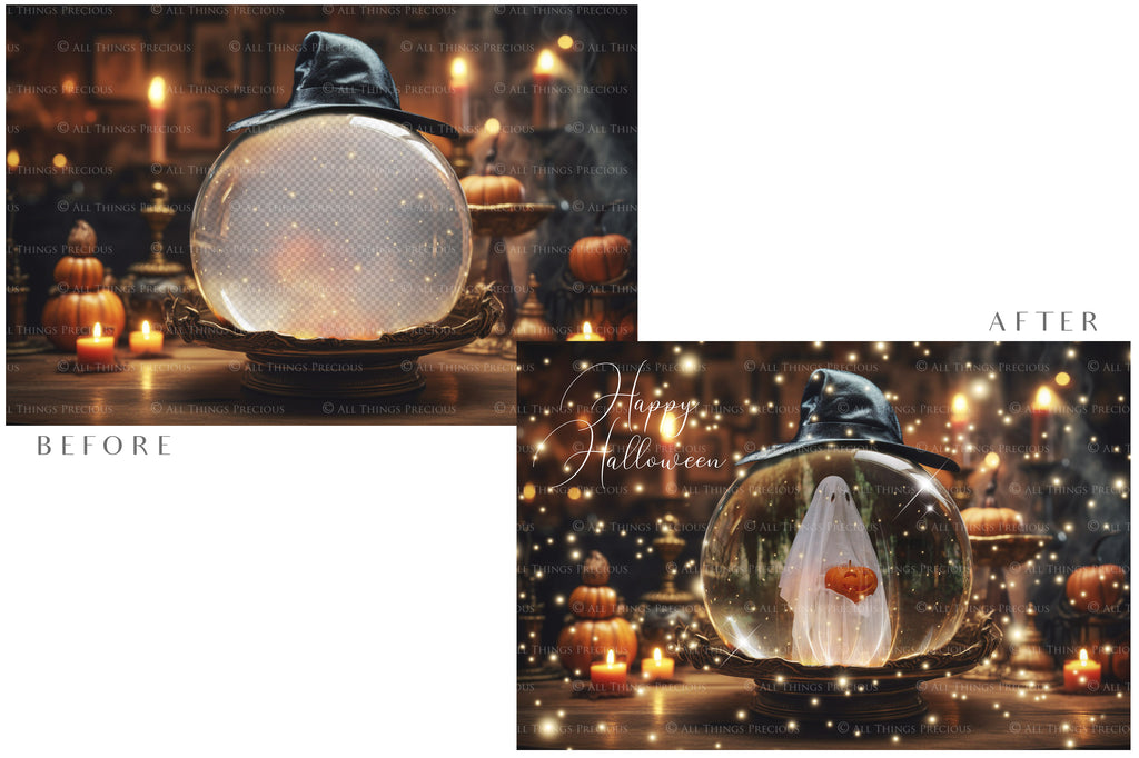 Magical Halloween Template Background. Snow globe with overlays. Add a photo to the digital background. Glass Effect Ornament bauble. Jpeg and Png copies. With magic overlays included. High resolution, quality files for photography, scrapbooking.