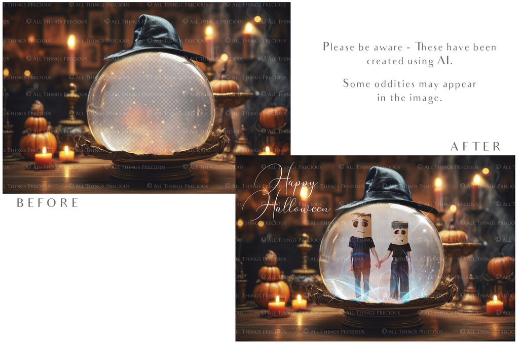 Magical Halloween Template Background. Snow globe with overlays. Add a photo to the digital background. Glass Effect Ornament bauble. Jpeg and Png copies. With magic overlays included. High resolution, quality files for photography, scrapbooking.