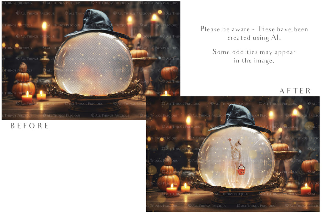 Magical Halloween Template Background. Snow globe with overlays. Add a photo to the digital background. Glass Effect Ornament bauble. Jpeg and Png copies. With magic overlays included. High resolution, quality files for photography, scrapbooking.