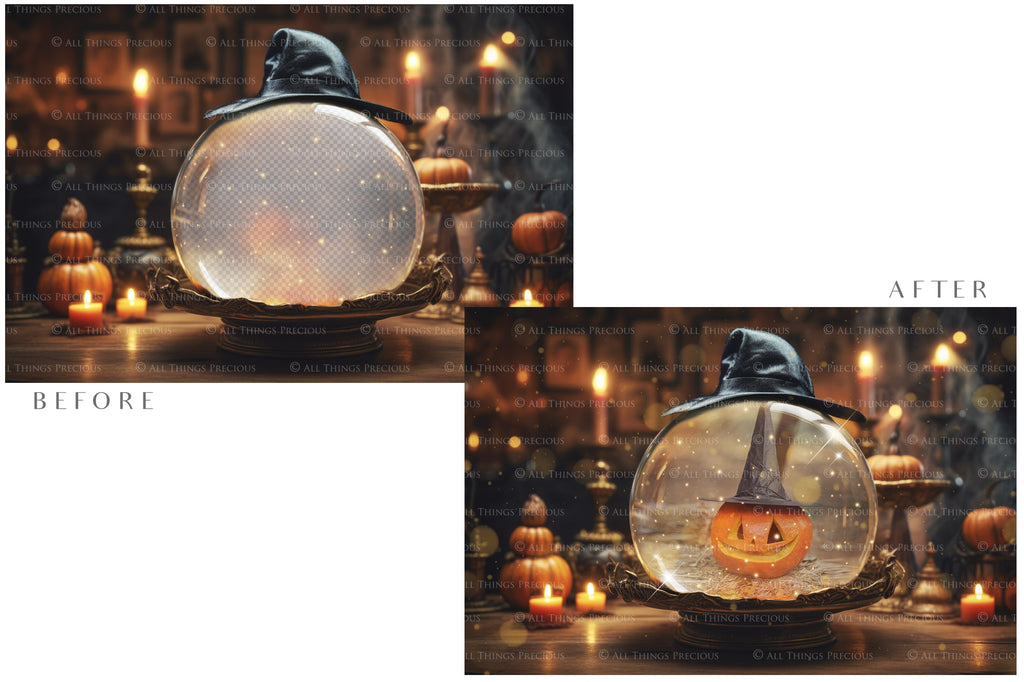 Magical Halloween Template Background. Snow globe with overlays. Add a photo to the digital background. Glass Effect Ornament bauble. Jpeg and Png copies. With magic overlays included. High resolution, quality files for photography, scrapbooking.