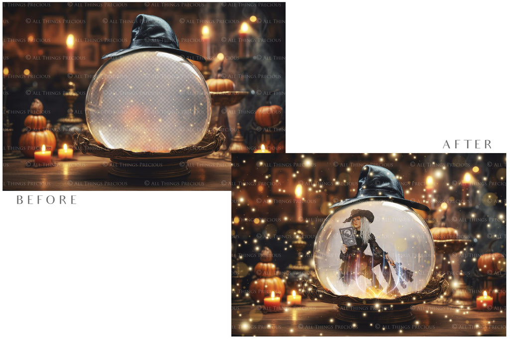 Magical Halloween Template Background. Snow globe with overlays. Add a photo to the digital background. Glass Effect Ornament bauble. Jpeg and Png copies. With magic overlays included. High resolution, quality files for photography, scrapbooking.